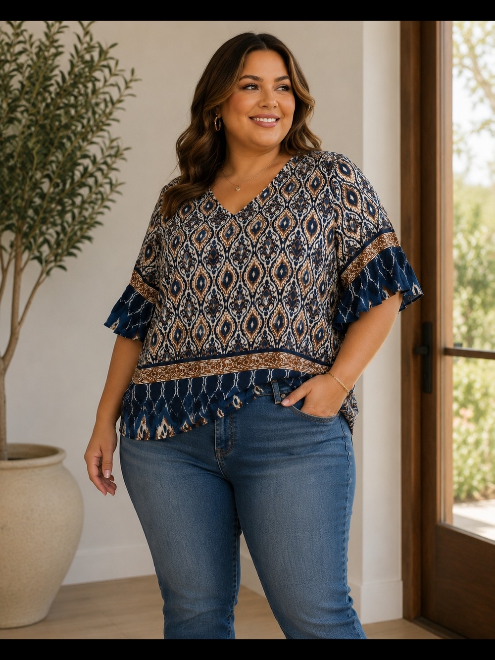 BloomChic Navy and Tan Printed V-Neck Ruffle Sleeve Top